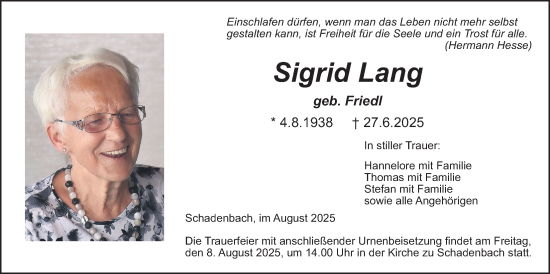 Traueranzeige von Sigrid Lang von Alsfelder Allgemeine, Oberhessische Zeitung