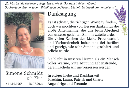 Traueranzeige von Simone Schmidt von Giessener Allgemeine, Alsfelder Allgemeine, Giessener Anzeiger