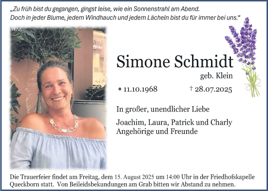 Traueranzeige von Simone Schmidt von Giessener Allgemeine, Alsfelder Allgemeine, Giessener Anzeiger