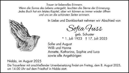 Traueranzeige von Sofia Fuss von Kreis-Anzeiger