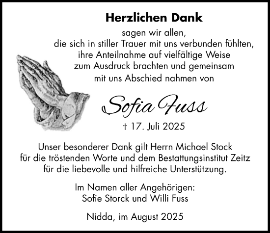 Traueranzeige von Sofia Fuss von Kreis-Anzeiger