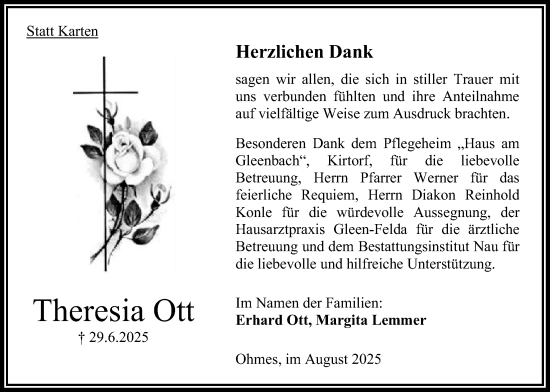 Traueranzeige von Theresia Ott von Oberhessische Zeitung