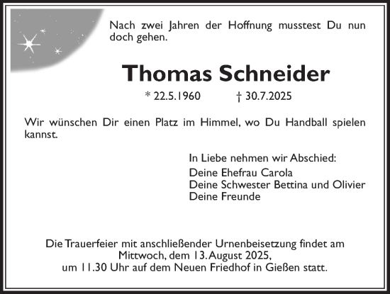 Traueranzeige von Thomas Schneider von Giessener Allgemeine, Alsfelder Allgemeine