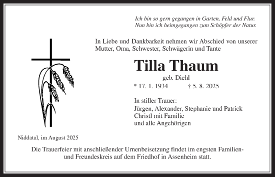 Traueranzeige von Tilla Thaum von Wetterauer Zeitung