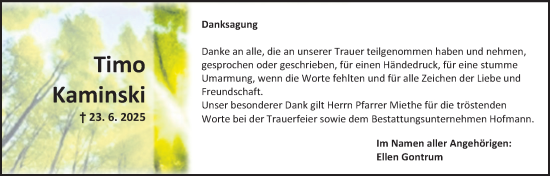 Traueranzeige von Timo Kaminski von Licher Wochenblatt