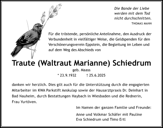 Traueranzeige von Traute Waltraut Marianne Schiedrum von Wetterauer Zeitung