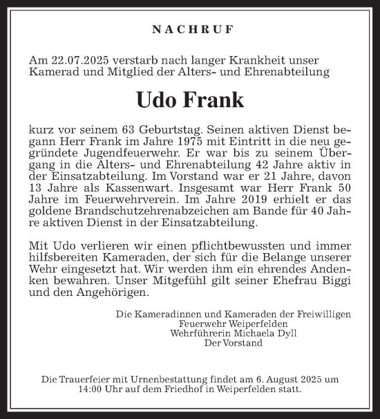 Traueranzeige von Udo Frank von Butzbacher Zeitung