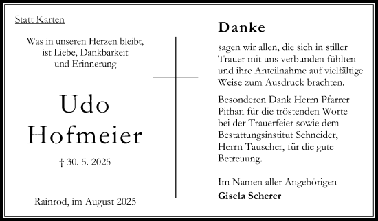 Traueranzeige von Udo Hofmeier von Oberhessische Zeitung