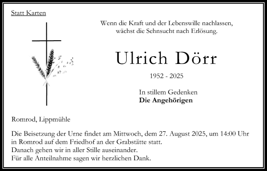 Traueranzeige von Ulrich Dörr von Oberhessische Zeitung