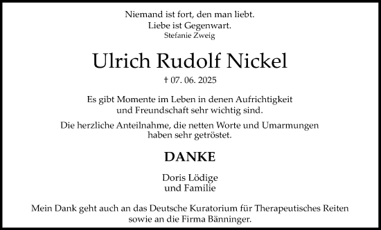 Traueranzeige von Ulrich Rudolf Nickel von Giessener Allgemeine, Alsfelder Allgemeine, Giessener Anzeiger