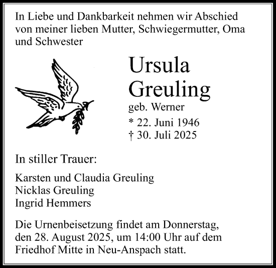 Traueranzeige von Ursula Greuling von Usinger Anzeigenblatt
