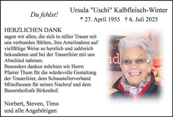 Traueranzeige von Ursula Kalbfleisch-Winter von Butzbacher Zeitung
