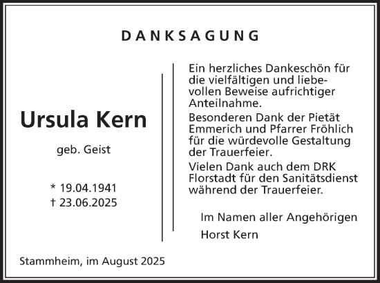 Traueranzeige von Ursula Kern von Wetterauer Zeitung