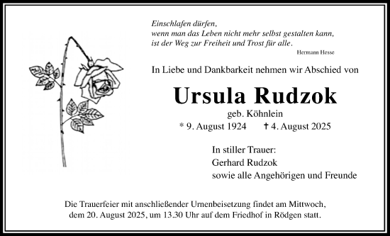 Traueranzeige von Ursula Rudzok von Wetterauer Zeitung