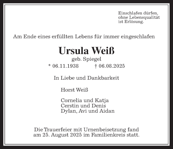 Traueranzeige von Ursula Weiß von Wetterauer Zeitung