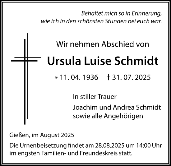 Traueranzeige von Ursula Luise Schmidt von Giessener Allgemeine, Alsfelder Allgemeine