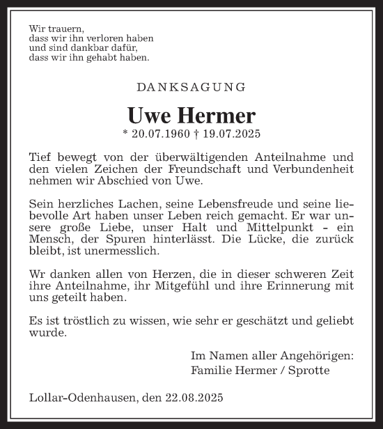 Traueranzeige von Uwe Hermer von Giessener Anzeiger
