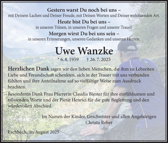 Traueranzeige von Uwe Wanzke von Usinger Anzeigenblatt