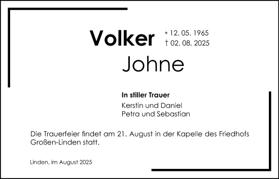 Traueranzeige von Volker Johne von Giessener Allgemeine, Alsfelder Allgemeine