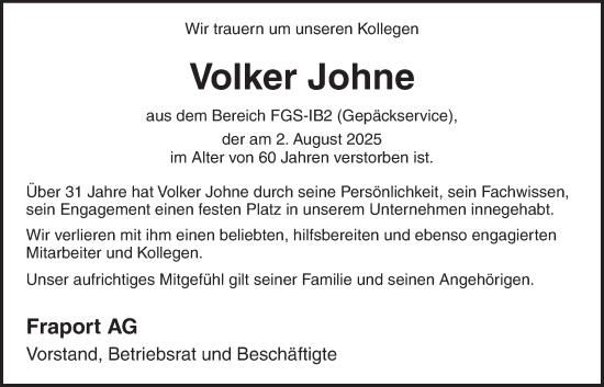 Traueranzeige von Volker Johne von Giessener Anzeiger, Giessener Allgemeine, Alsfelder Allgemeine