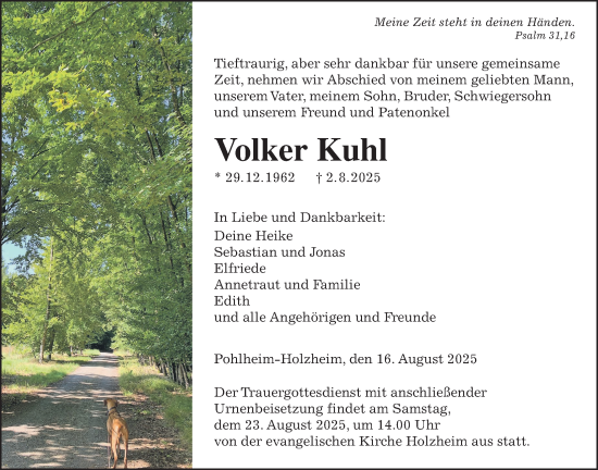 Traueranzeige von Volker Kuhl von Giessener Allgemeine, Alsfelder Allgemeine, Pohlheimer Nachrichten