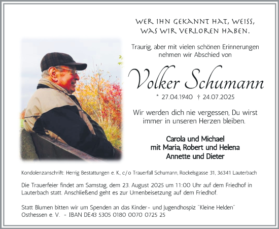 Traueranzeige von Volker Schumann von Lauterbacher Anzeiger