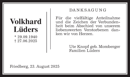 Traueranzeige von Volkhard Lüders von Wetterauer Zeitung