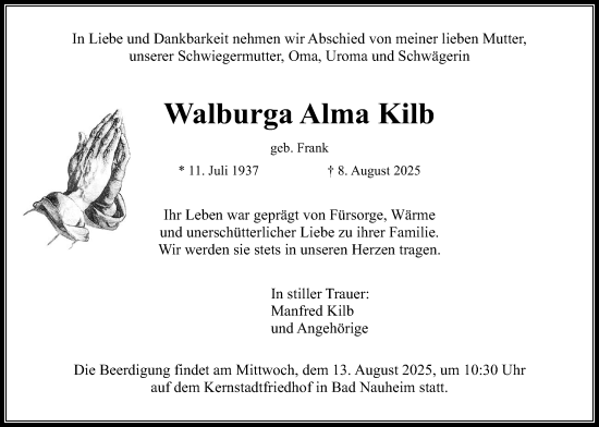 Traueranzeige von Walburga Alma Kilb von Wetterauer Zeitung