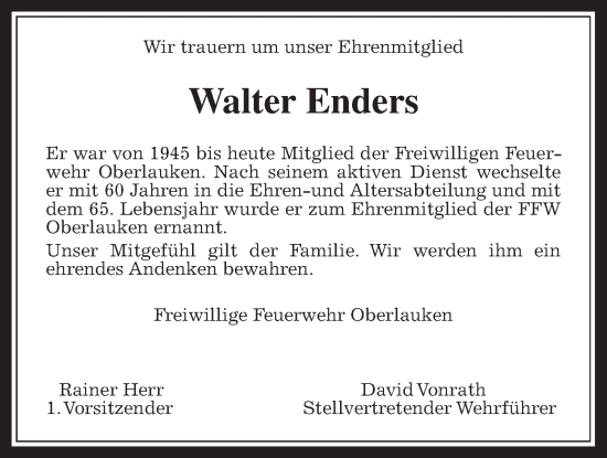 Traueranzeige von Walter Enders von Usinger Anzeiger, Usinger Anzeigenblatt