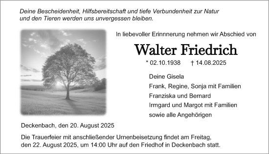 Traueranzeige von Walter Friedrich von Giessener Allgemeine, Alsfelder Allgemeine