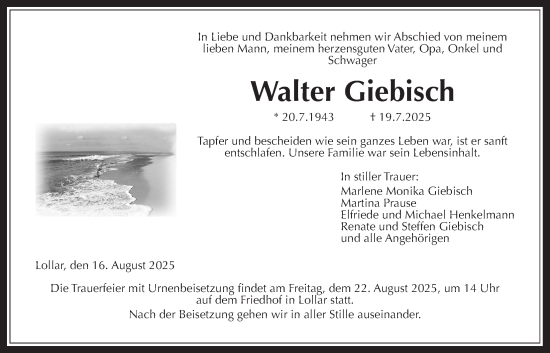 Traueranzeige von Walter Giebisch von Giessener Allgemeine, Alsfelder Allgemeine