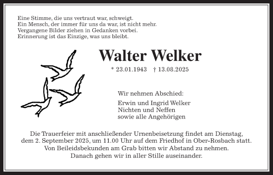 Traueranzeige von Walter Welker von Wetterauer Zeitung