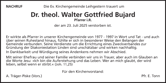 Traueranzeige von Walter Gottfried Bujard von Giessener Anzeiger
