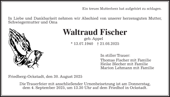 Traueranzeige von Waltraud Fischer von Wetterauer Zeitung