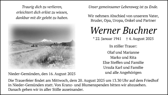 Traueranzeige von Werner Buchner von Giessener Allgemeine, Alsfelder Allgemeine