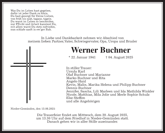 Traueranzeige von Werner Buchner von Giessener Allgemeine, Giessener Anzeiger, Alsfelder Allgemeine