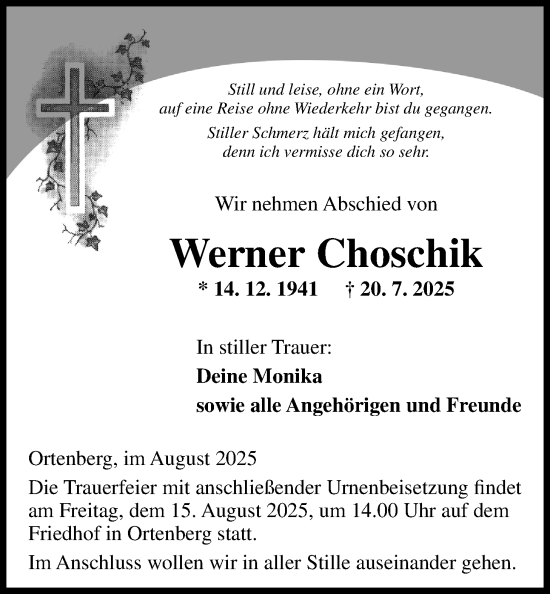 Traueranzeige von Werner Choschik von Kreis-Anzeiger