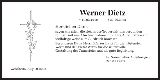 Traueranzeige von Werner Dietz von Usinger Anzeigenblatt
