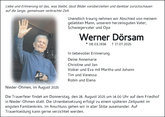 Traueranzeige von Werner Dörsam von Mücker Stimme, Giessener Allgemeine, Alsfelder Allgemeine