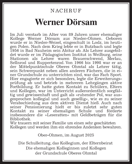 Traueranzeige von Werner Dörsam von Mücker Stimme