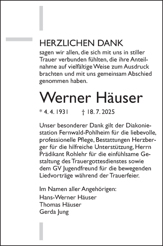 Traueranzeige von Werner Häuser von Giessener Allgemeine, Alsfelder Allgemeine, Giessener Anzeiger
