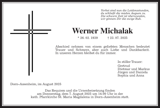Traueranzeige von Werner Michalak von Wetterauer Zeitung