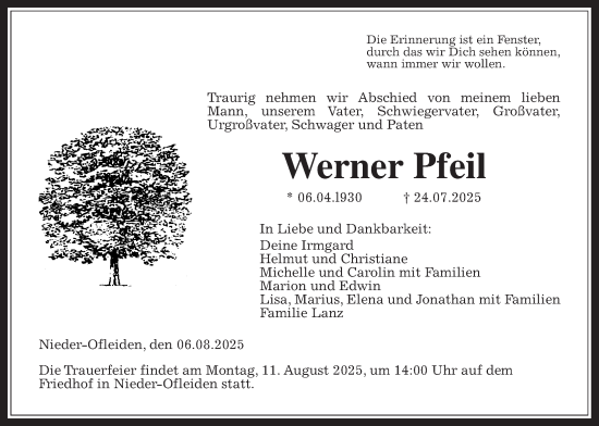 Traueranzeige von Werner Pfeil von Alsfelder Allgemeine, Oberhessische Zeitung, Alsfelder Allgemeine, Oberhessische Zeitung