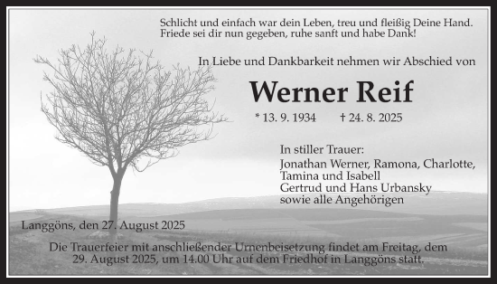 Traueranzeige von Werner Reif von Giessener Allgemeine, Alsfelder Allgemeine