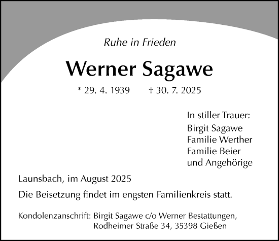 Traueranzeige von Werner Sagawe von Giessener Allgemeine, Alsfelder Allgemeine