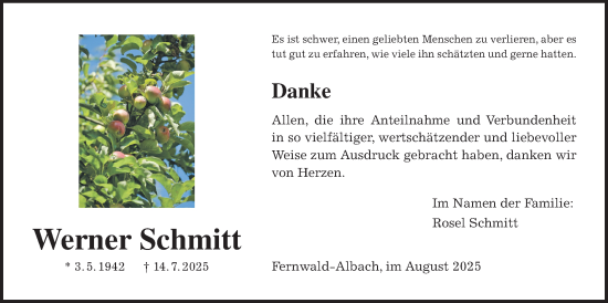 Traueranzeige von Werner Schmitt von Giessener Allgemeine, Alsfelder Allgemeine, Giessener Anzeiger