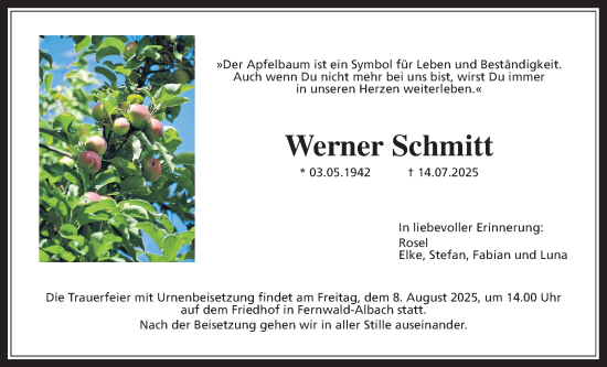 Traueranzeige von Werner Schmitt von Giessener Allgemeine, Alsfelder Allgemeine, Giessener Anzeiger