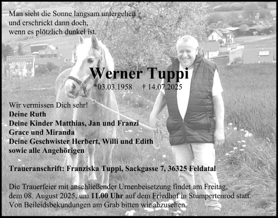 Traueranzeige von Werner Tuppi von Oberhessische Zeitung