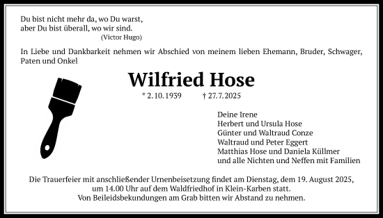 Traueranzeige von Wilfried Hose von Wetterauer Zeitung
