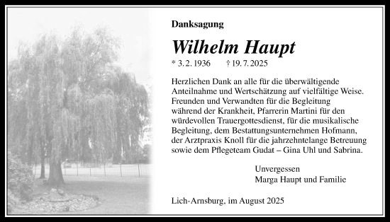 Traueranzeige von Wilhelm Haupt von Butzbacher Zeitung